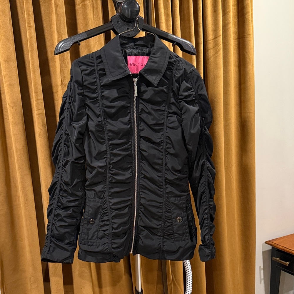 Betsey Johnson Black Ruched Bomber Jacket